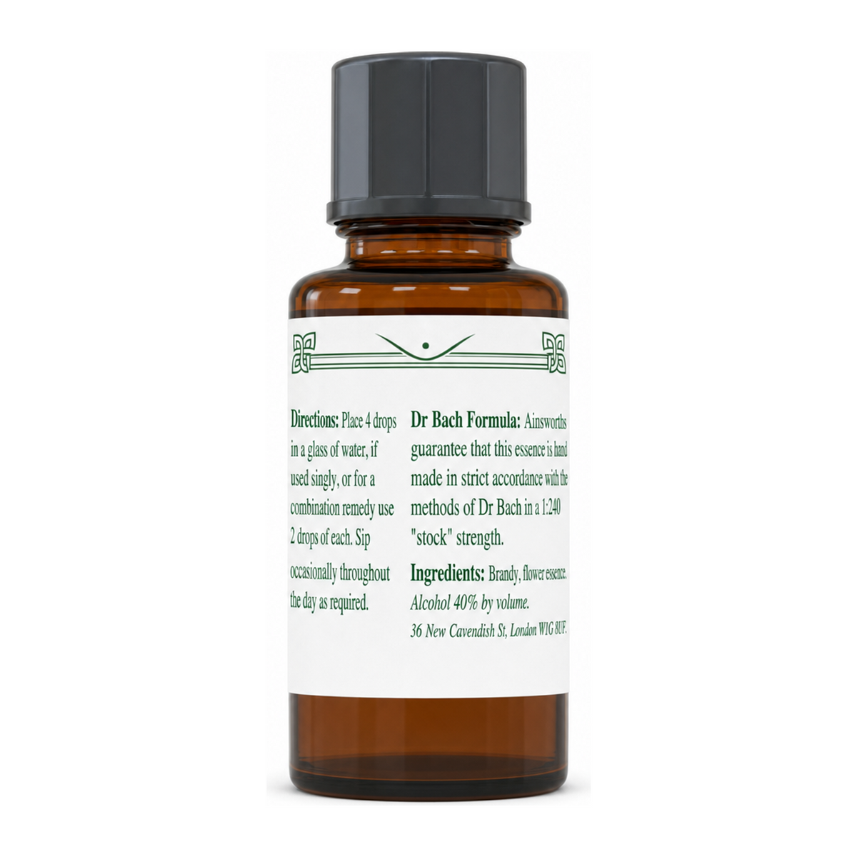 Dr Bach Cerato Bach Flower Remedy by Ainsworths Natural Remedies — back view showing ingredients and product details, studio product photo on white background