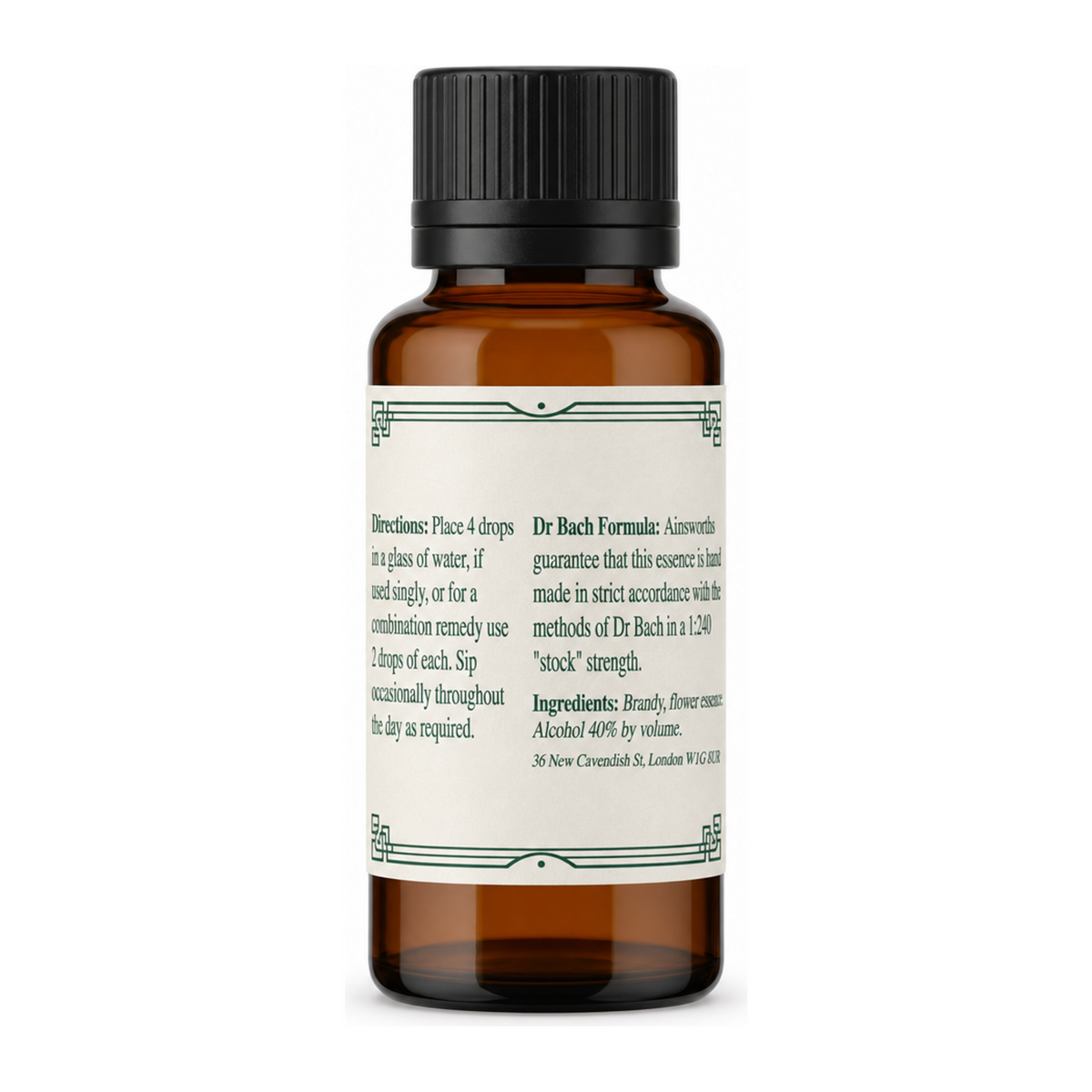 Dr Bach Agrimony Bach Flower Remedy by Ainsworths Natural Remedies — back view showing ingredients and product details, studio product photo on white background