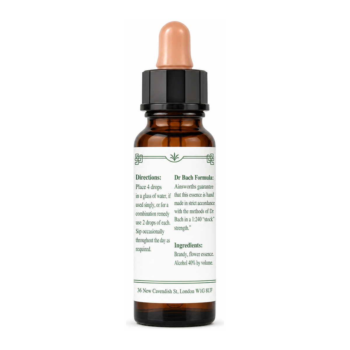 Dr Bach Sweet Chestnut Bach Flower Remedy by Ainsworths Natural Remedies — back view showing ingredients and product details, studio product photo on white background