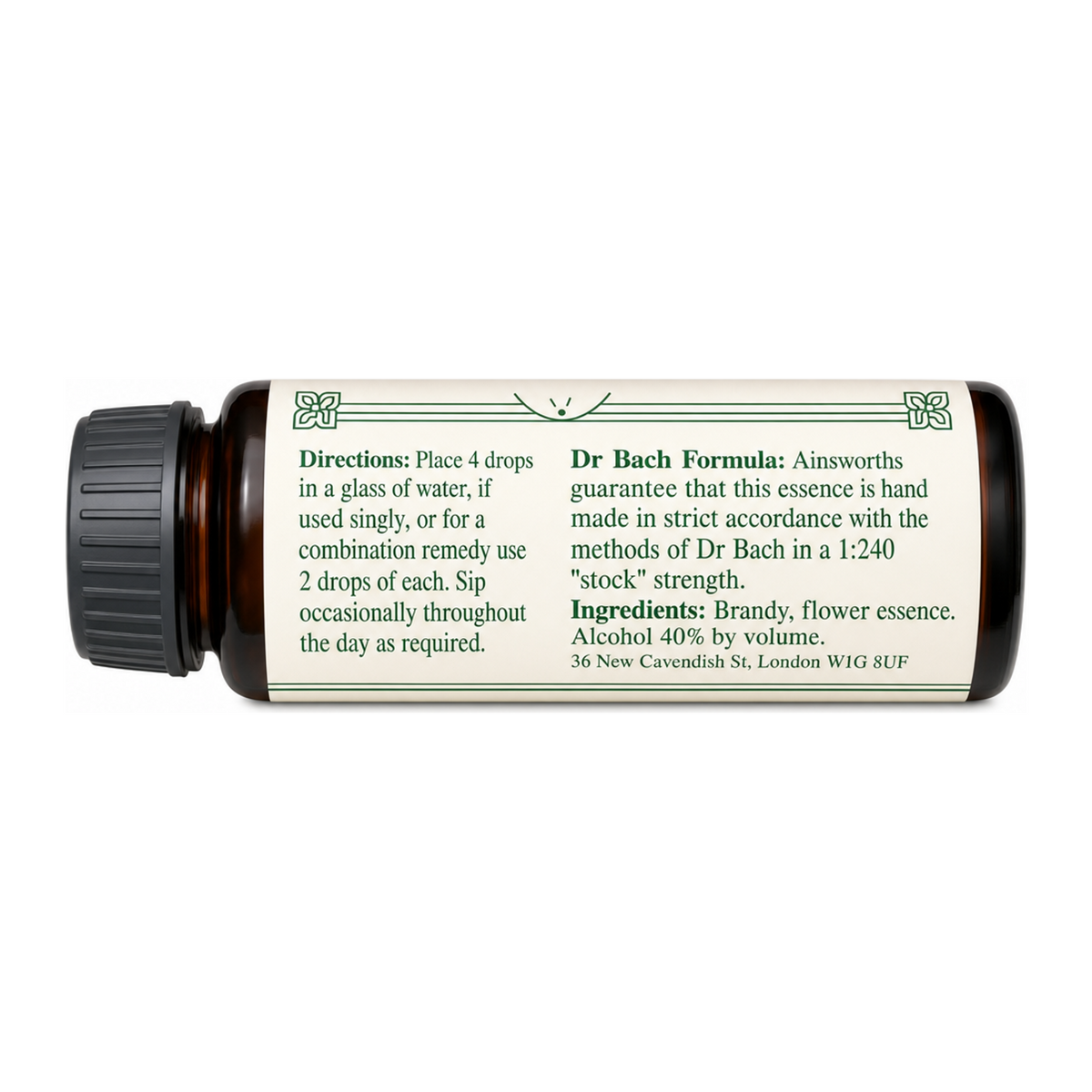 Dr. Bach Heather Bach Flower Remedy by Ainsworths Natural Remedies — back view showing ingredients and product details, studio product photo on white background