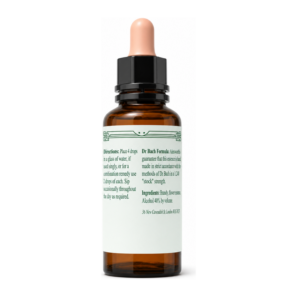 Dr Bach Water Violet Bach Flower Remedy by Ainsworths Natural Remedies — back view showing ingredients and product details, studio product photo on white background