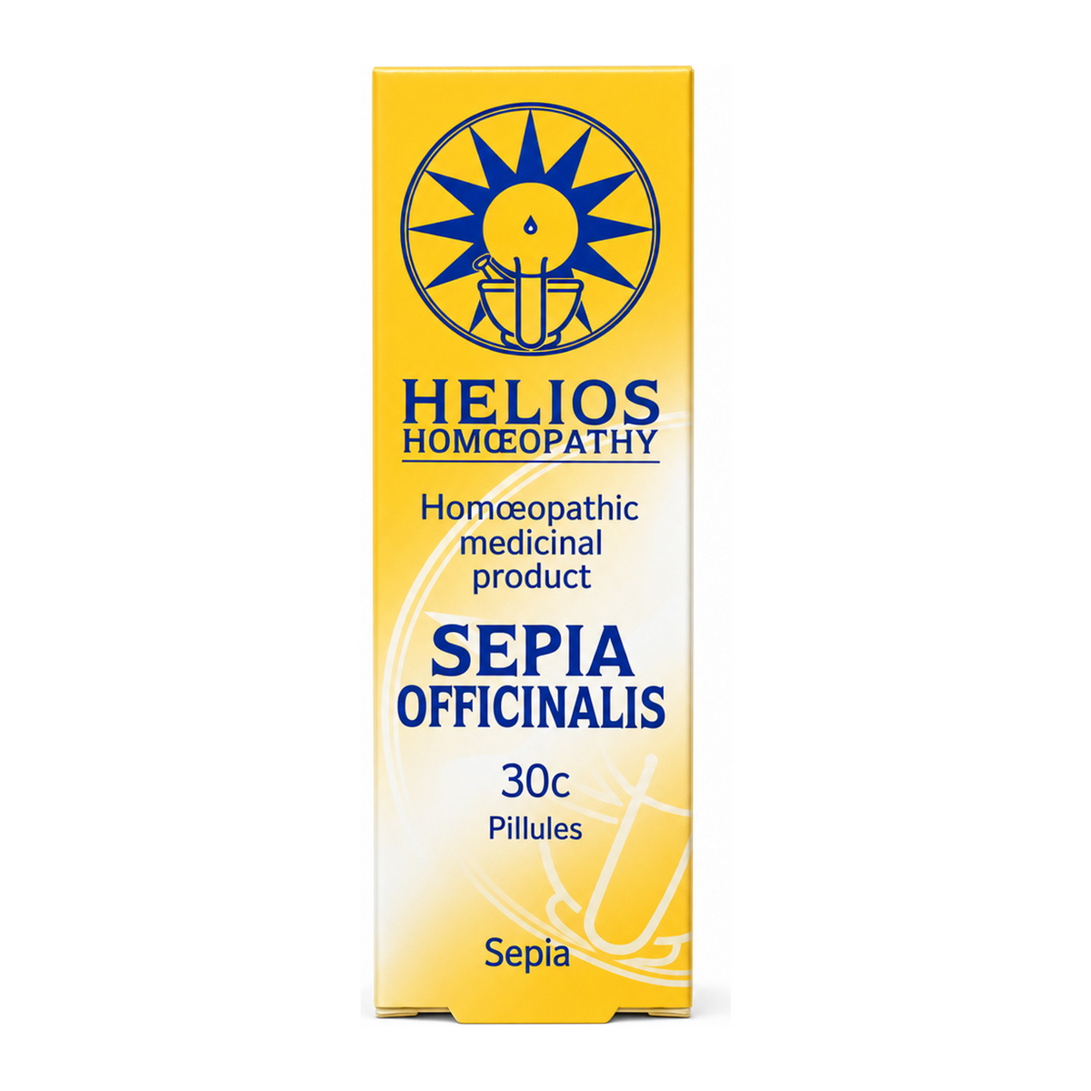 Helios SEPIA 30c by Helios Homoeopathy Natural Remedies — front view showing product label and branding, studio product photo on white background