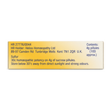 Helios SULFUR 30c by Helios Homoeopathy Natural Remedies — back view showing ingredients and product details, studio product photo on white background