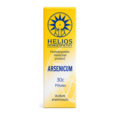 Helios ARSENICUM 30c by Helios Homoeopathy Natural Remedies — front view showing product label and branding, studio product photo on white background