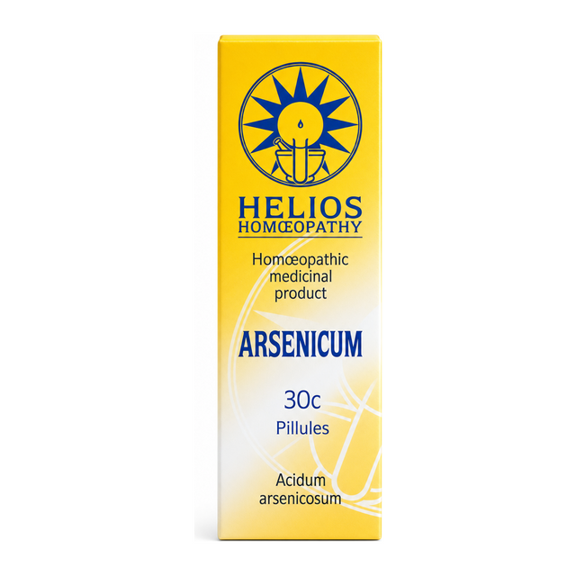 Helios ARSENICUM 30c by Helios Homoeopathy Natural Remedies — front view showing product label and branding, studio product photo on white background