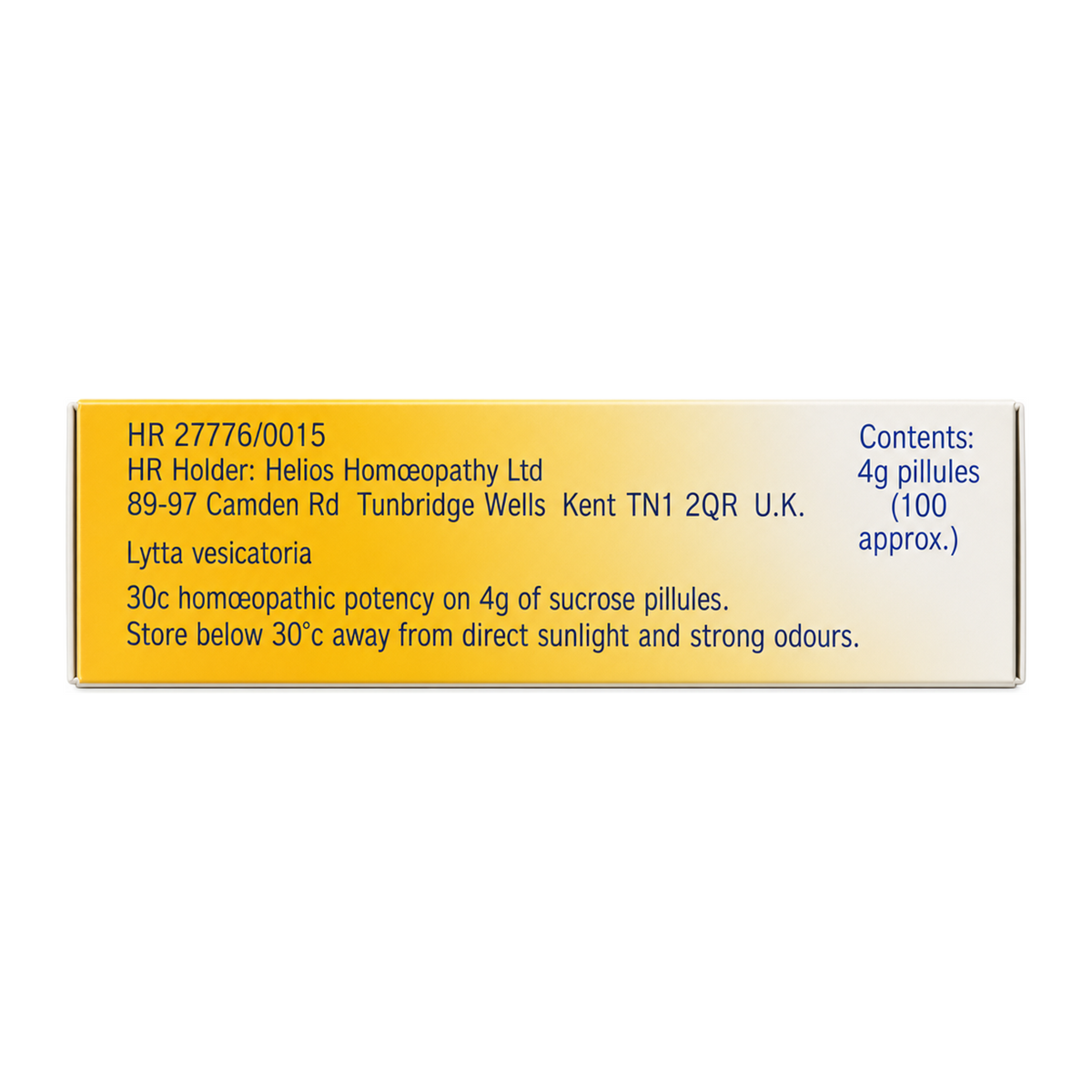 Helios Cantharis 30c by Helios Homoeopathy Natural Remedies — back view showing ingredients and product details, studio product photo on white background