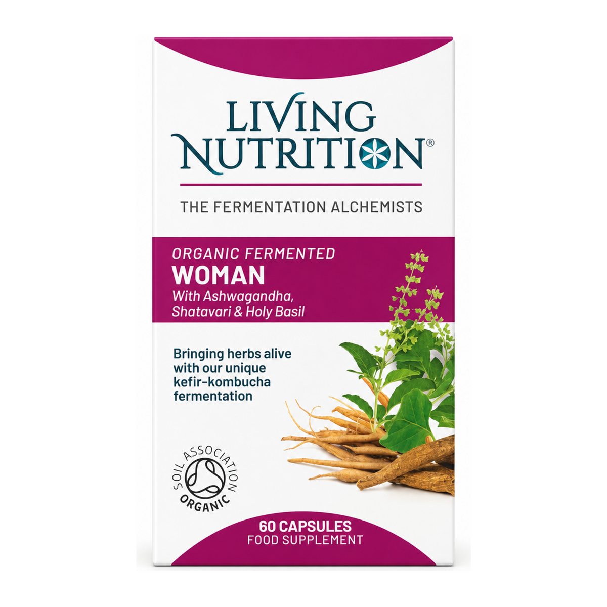 Living Nutrition Organic Fermented Woman 60 caps by Living Nutrition — front view showing product label and branding, studio product photo on white background