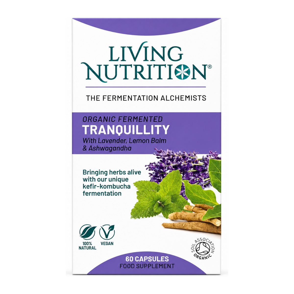 Living Nutrition Organic Fermented Tranquillity by Living Nutrition Natural Remedies — front view showing product label and branding, studio product photo on white background