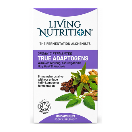 Living Nutrition Organic Fermented True Adaptogens by Living Nutrition Natural Remedies — front view showing product label and branding, studio product photo on white background
