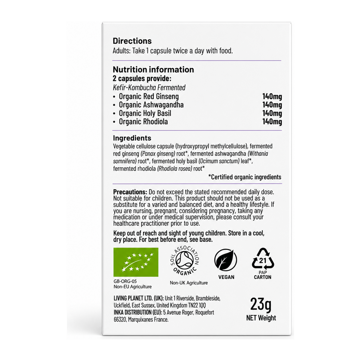 Living Nutrition Organic Fermented True Adaptogens by Living Nutrition Natural Remedies — back view showing ingredients and product details, studio product photo on white background