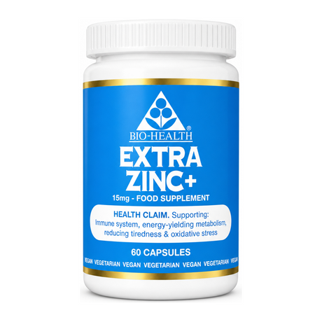 Bio Health Extra Zinc Plus Capsules by Bio-Health Natural Remedies — front view showing product label and branding, studio product photo on white background
