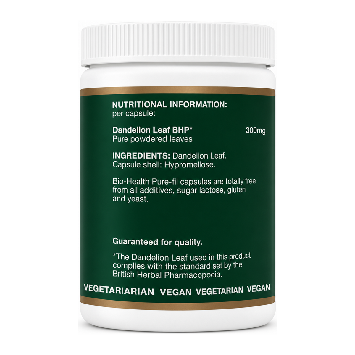 Bio Health Dandelion Leaf 300mg powdered leaf by Bio-Health Natural Remedies — ingredients side panel, studio product photo on white background