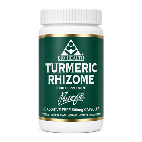 Bio Health Turmeric Rhizome Capsules by Bio-Health Natural Remedies — front view showing product label and branding, studio product photo on white background