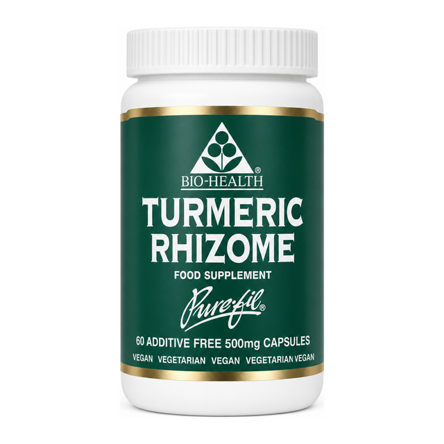 Bio Health Turmeric Rhizome Capsules by Bio-Health Natural Remedies — front view showing product label and branding, studio product photo on white background