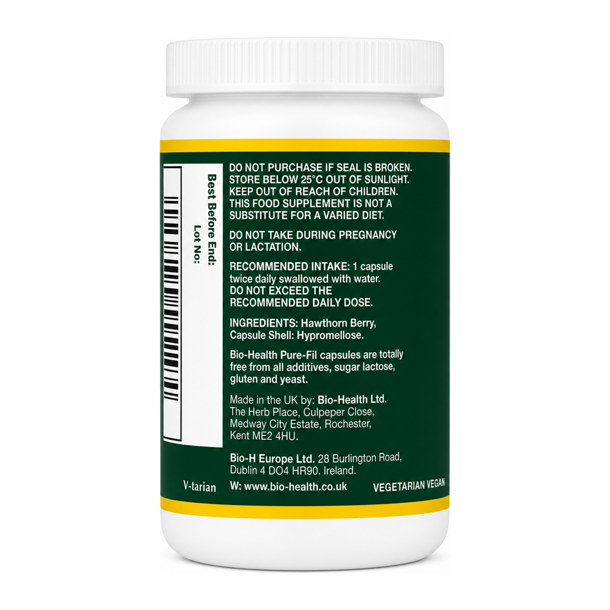 Bio Health Hawthorn Berry 450mg by Bio-Health Natural Remedies — back view showing ingredients and product details, studio product photo on white background