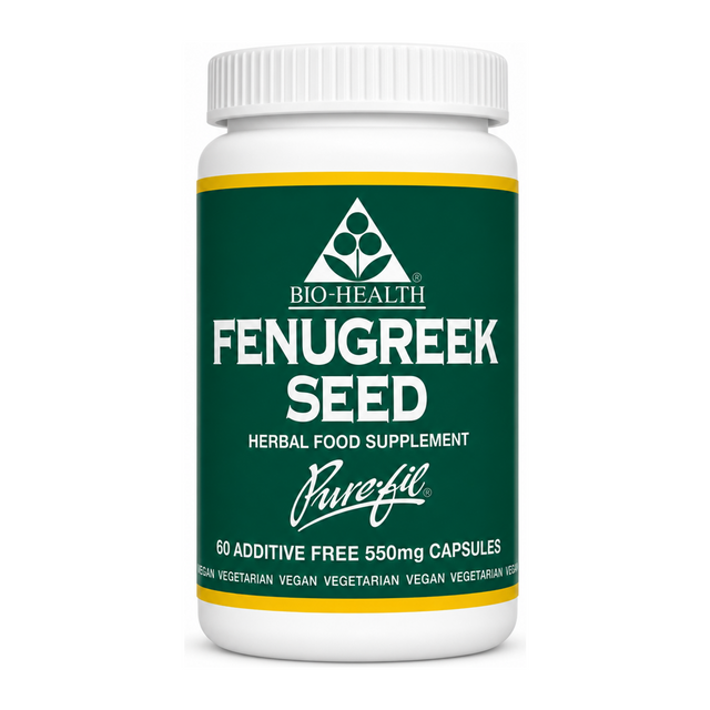 Bio Health Fenugreek Seed Capsules by Bio-Health Natural Remedies — front view showing product label and branding, studio product photo on white background