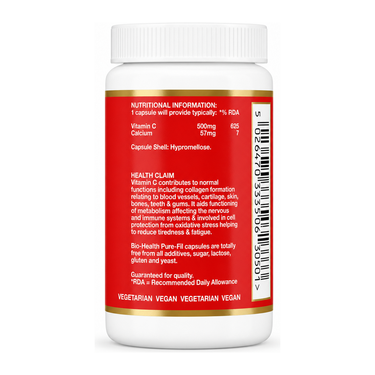 Bio Health Buffered Vitamin C 500mg Capsules by Bio-Health Natural Remedies — back view showing ingredients and product details, studio product photo on white background