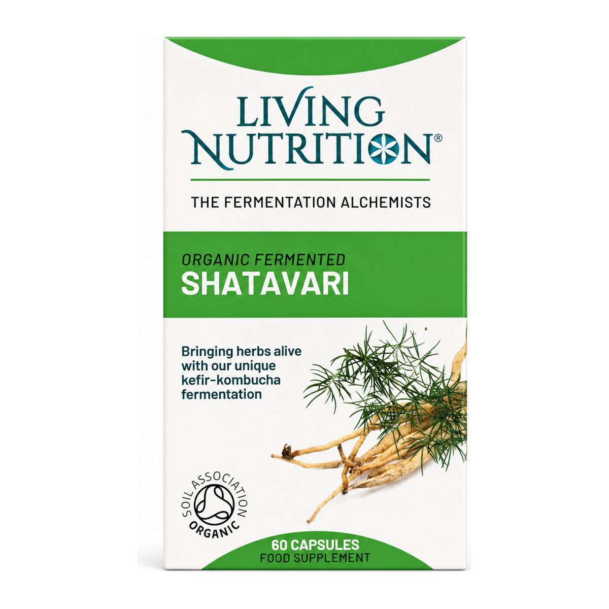 Living Nutrition Organic Fermented Shatavari by Living Nutrition Natural Remedies — front view showing product label and branding, studio product photo on white background
