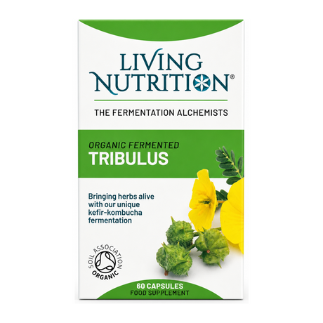 Living Nutrition Organic Fermented Tribulus 60 Capsules by Living Nutrition Natural Remedies — front view showing product label and branding, studio product photo on white background