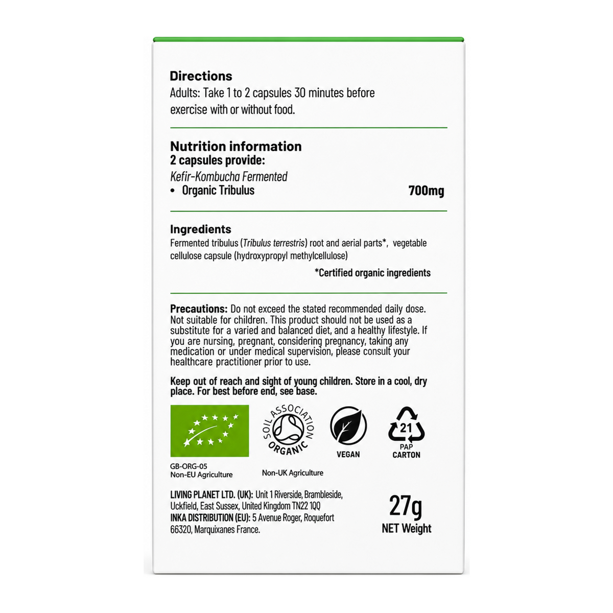 Living Nutrition Organic Fermented Tribulus 60 Capsules by Living Nutrition Natural Remedies — back view showing ingredients and product details, studio product photo on white background