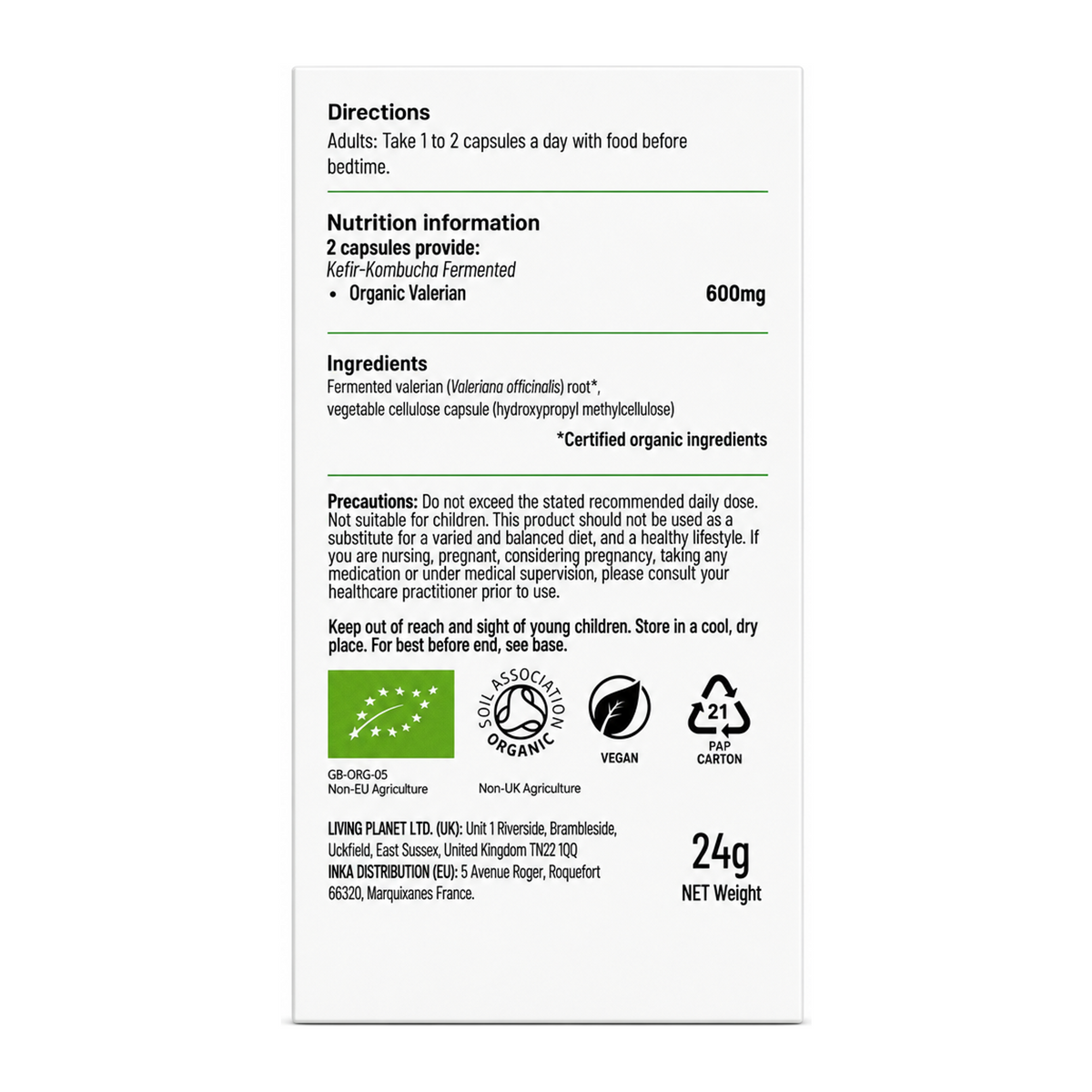 Living Nutrition LN Org Fermented Valerian by Living Nutrition Natural Remedies — back view showing ingredients and product details, studio product photo on white background