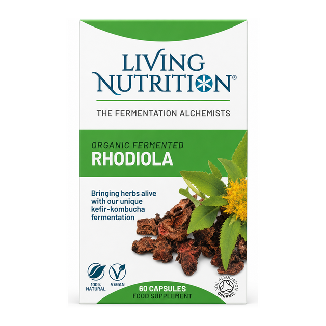 Living Nutrition Organic Fermented Rhodiola by Living Nutrition Natural Remedies — front view showing product label and branding, studio product photo on white background