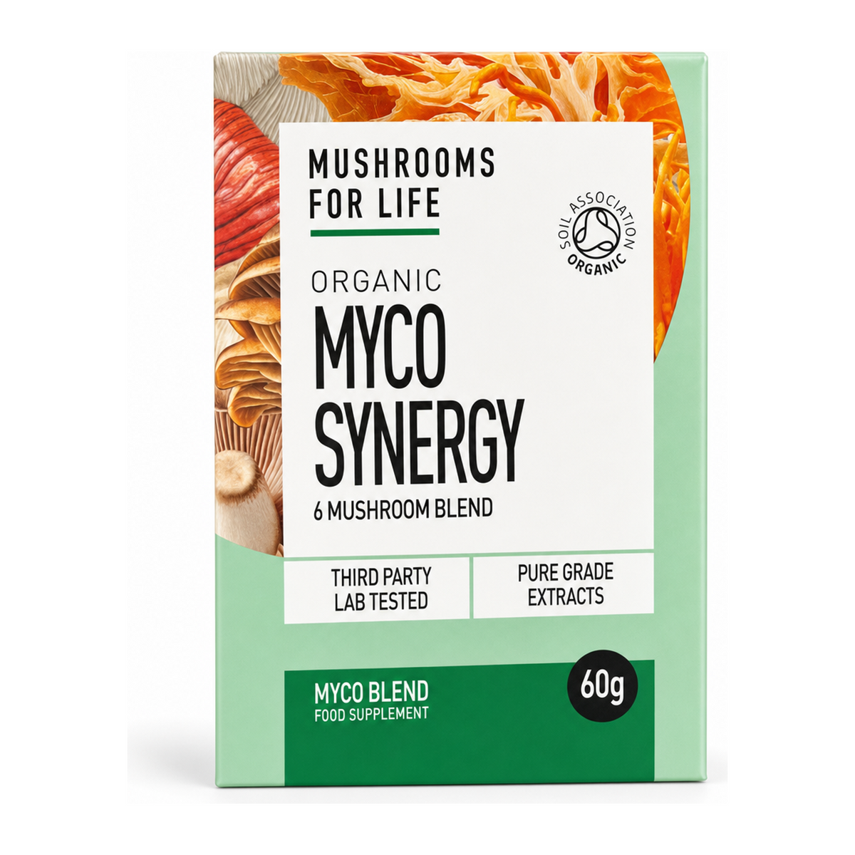 Mushrooms For Life Organic Myco Synergy Powder by Mushrooms For Life Natural Remedies — front view showing product label and branding, studio product photo on white background