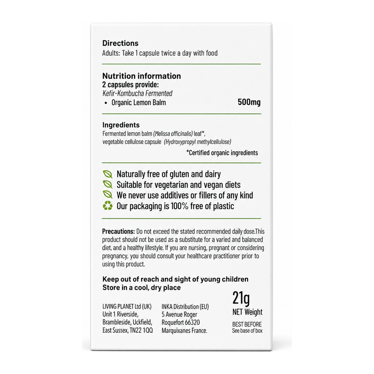 Living Nutrition Organic Fermented Lemon Balm by Living Nutrition Natural Remedies — back view showing ingredients and product details, studio product photo on white background