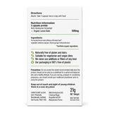 Living Nutrition Organic Fermented Lemon Balm by Living Nutrition Natural Remedies — back view showing ingredients and product details, studio product photo on white background