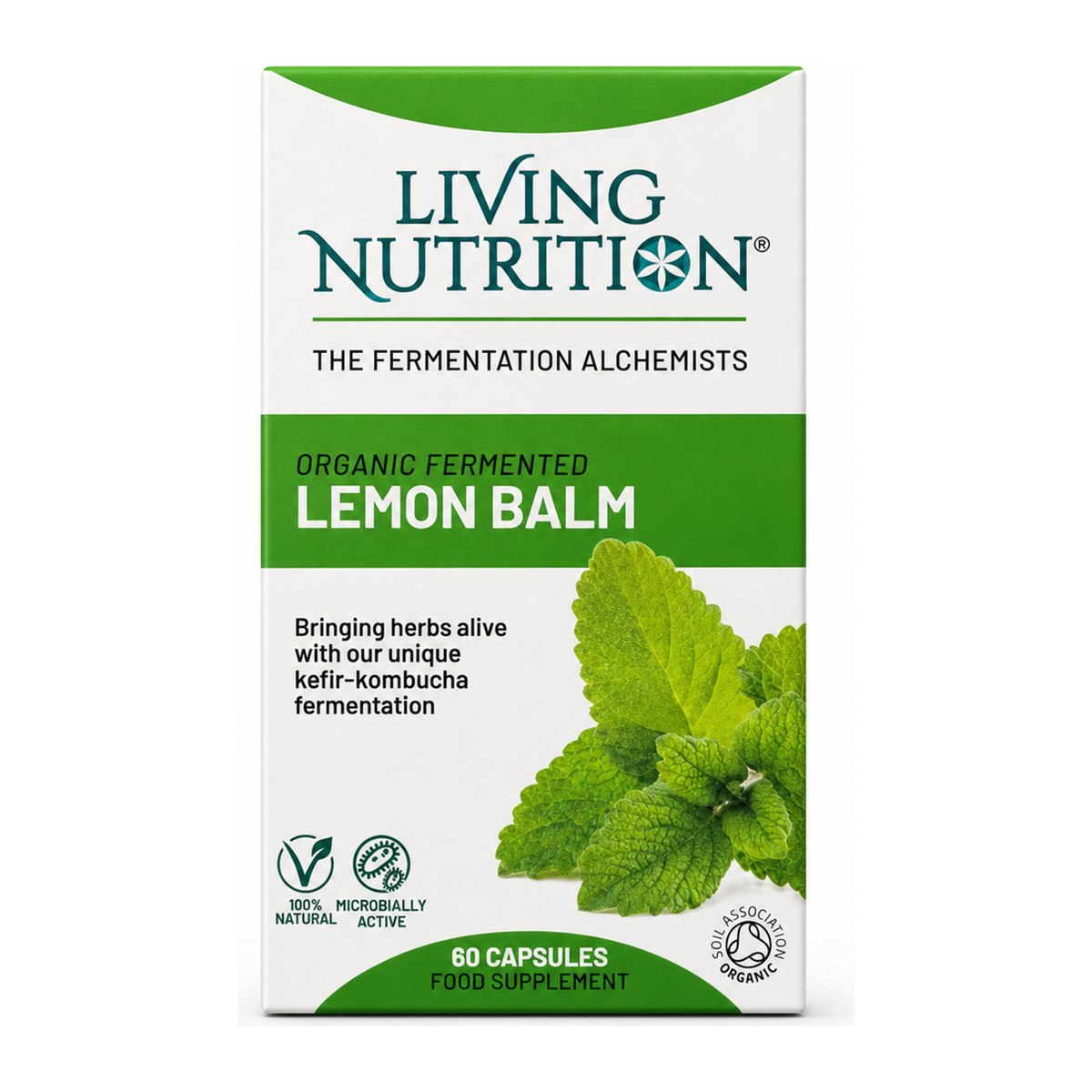 Living Nutrition Organic Fermented Lemon Balm by Living Nutrition Natural Remedies — front view showing product label and branding, studio product photo on white background