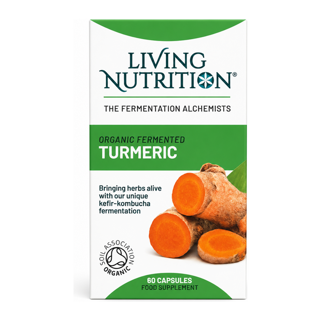 Living Nutrition Organic Fermented Turmeric by Living Nutrition Natural Remedies — front view showing product label and branding, studio product photo on white background