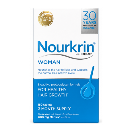Nourkrin Woman 3 Month Supply 180 tablets by Nourkrin Vitamin & Mineral Supplements — front view showing product label and branding, studio product photo on white background