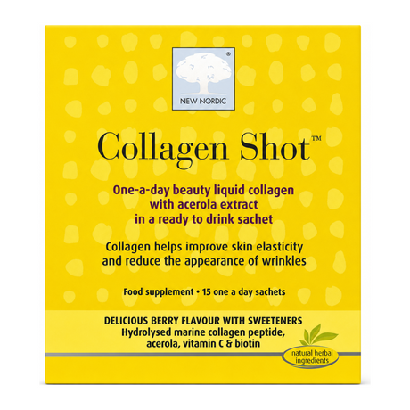 New Nordic Collagen Shot 15 sachets by New Nordic Natural Remedies — front view showing product label and branding, studio product photo on white background