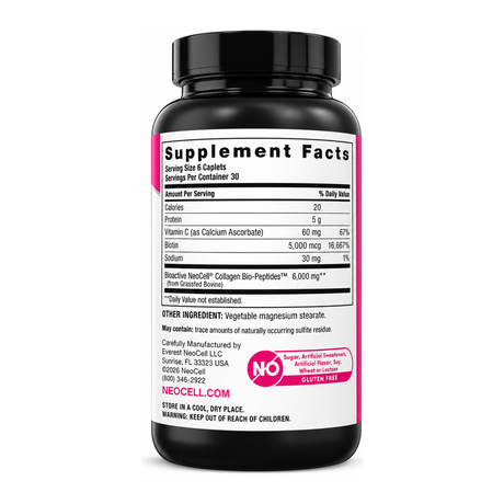 Neocell Super Collagen + Vitamin C & Biotin  180 tabs by NeoCell — back view showing ingredients and product details, studio product photo on white background