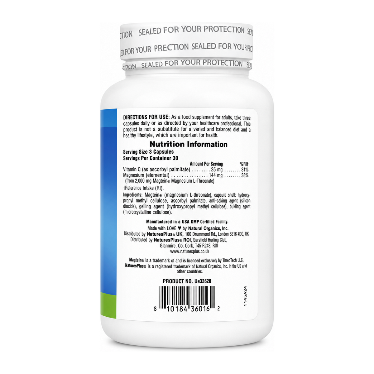Nature's Plus Magnesium Threonate by NaturesPlus Vitamin & Mineral Supplements — back view showing ingredients and product details, studio product photo on white background