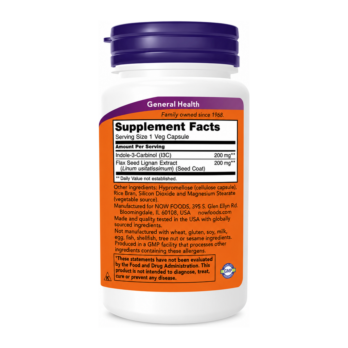 Now Indol-3-Carbinol 200mg 60 vcaps by Now — back view showing ingredients and product details, studio product photo on white background