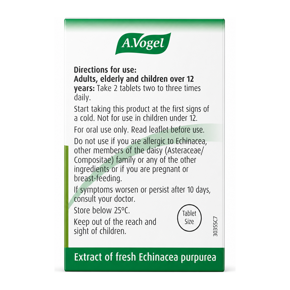 A.Vogel Echinaforce Echinacea Tablets by A.Vogel Natural Remedies — back view showing ingredients and product details, studio product photo on white background