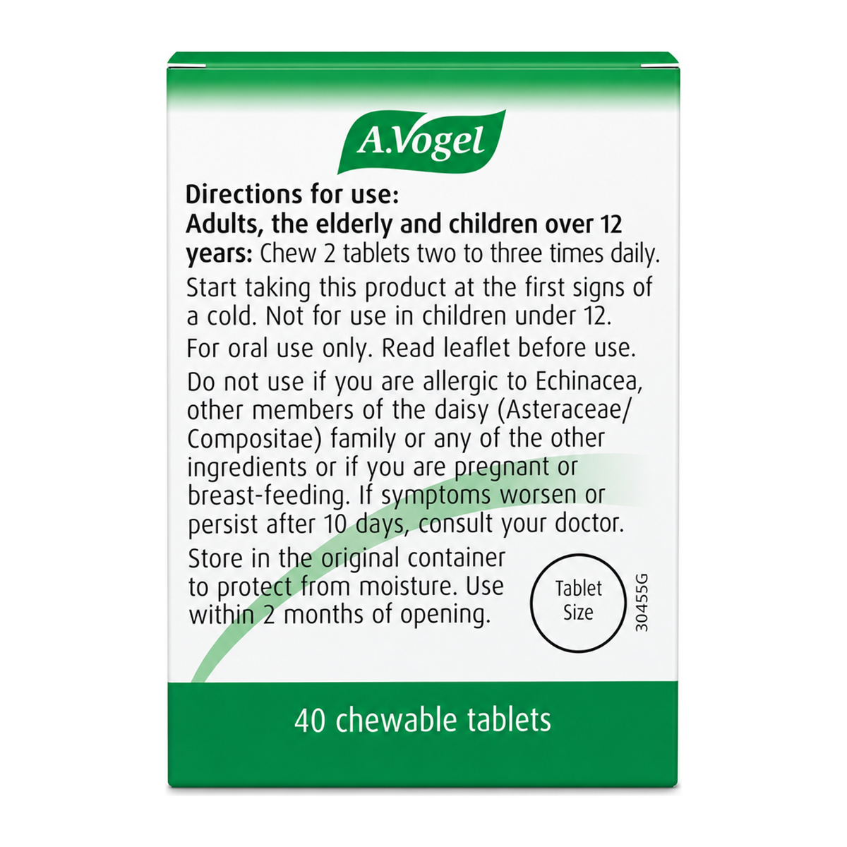 A.Vogel Echinaforce Chewable Tablets by A.Vogel Natural Remedies — back view showing ingredients and product details, studio product photo on white background
