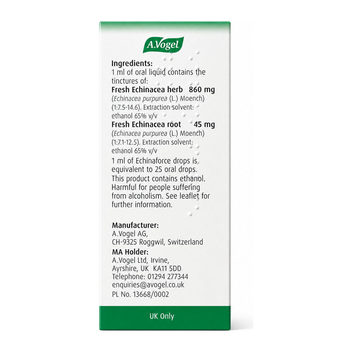 A.Vogel Echinaforce Echinacea Drops by A.Vogel Natural Remedies — ingredients side panel, studio product photo on white background