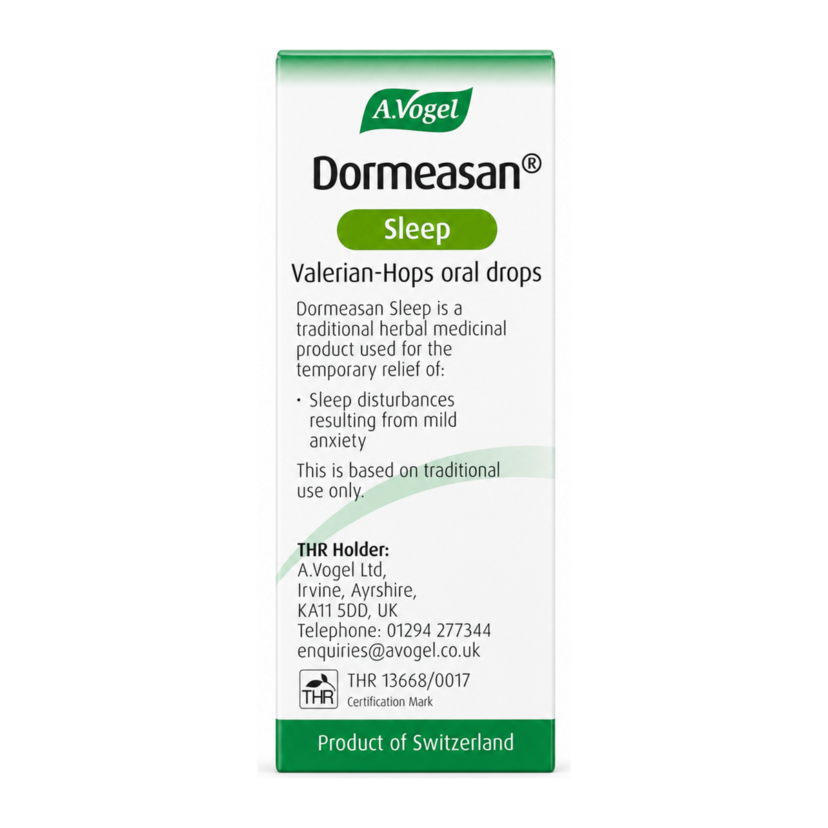 A.Vogel Dormeasan by A.Vogel Natural Remedies — back view showing ingredients and product details, studio product photo on white background