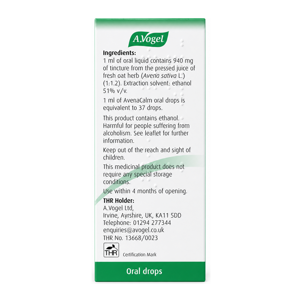 A.Vogel AvenaCalm by A.Vogel Natural Remedies — back view showing ingredients and product details, studio product photo on white background
