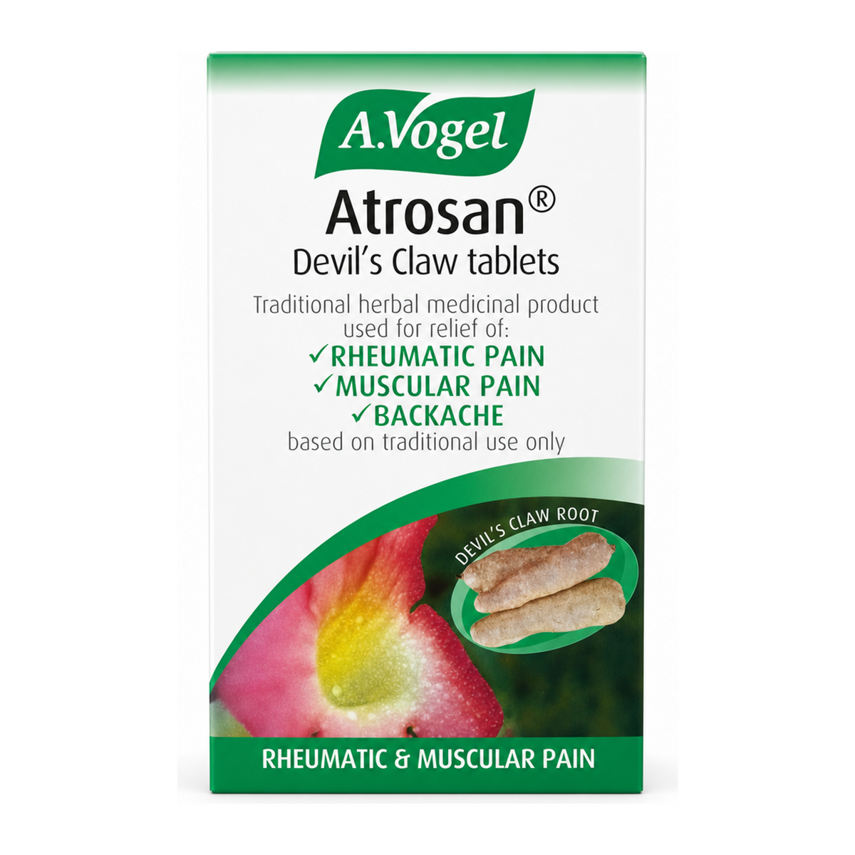 A.Vogel Atrosan Devil's Claw 60 Tabs by A.Vogel Natural Remedies — front view showing product label and branding, studio product photo on white background