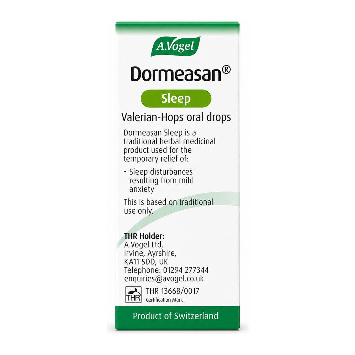 A.Vogel Dormeasan by A.Vogel Natural Remedies — back view showing ingredients and product details, studio product photo on white background