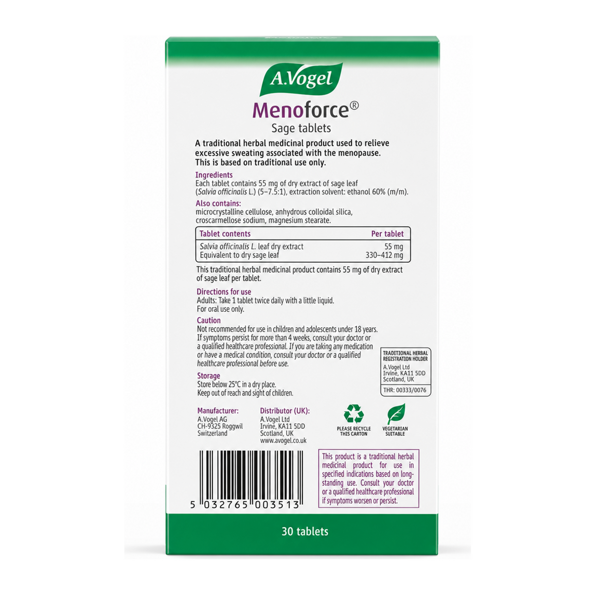 A.Vogel Menoforce Sage 30 tablets by A.Vogel Natural Remedies — back view showing ingredients and product details, studio product photo on white background