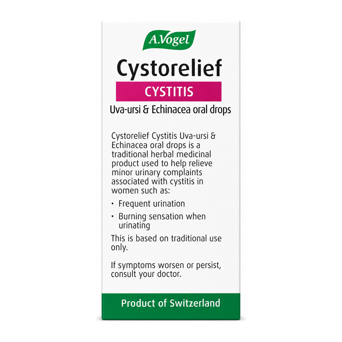 A.Vogel Cystorelief Cystitis Uva-ursi and Echinacea oral drops by A.Vogel Natural Remedies — back view showing ingredients and product details, studio product photo on white background