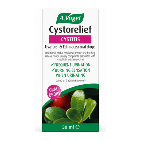 A.Vogel Cystorelief Cystitis Uva-ursi and Echinacea oral drops by A.Vogel Natural Remedies — front view showing product label and branding, studio product photo on white background