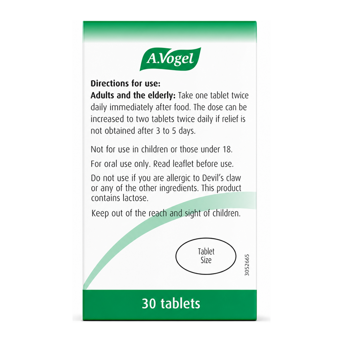 A.Vogel Atrosan Devil's Claw by A.Vogel Natural Remedies — back view showing ingredients and product details, studio product photo on white background