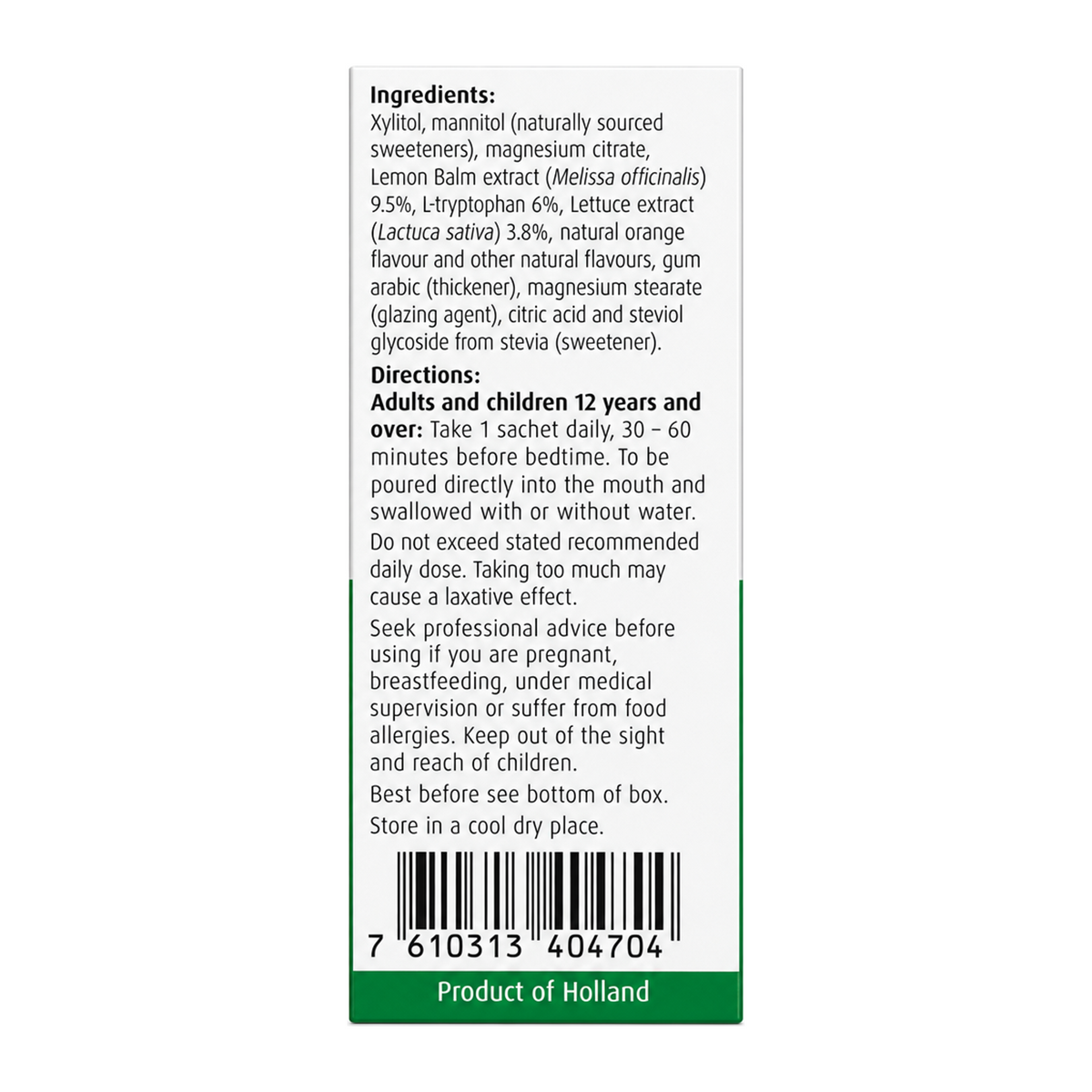 A.Vogel Sleep Well Dissolvable Granules 14 sachets by A.Vogel Natural Remedies — ingredients side panel, studio product photo on white background