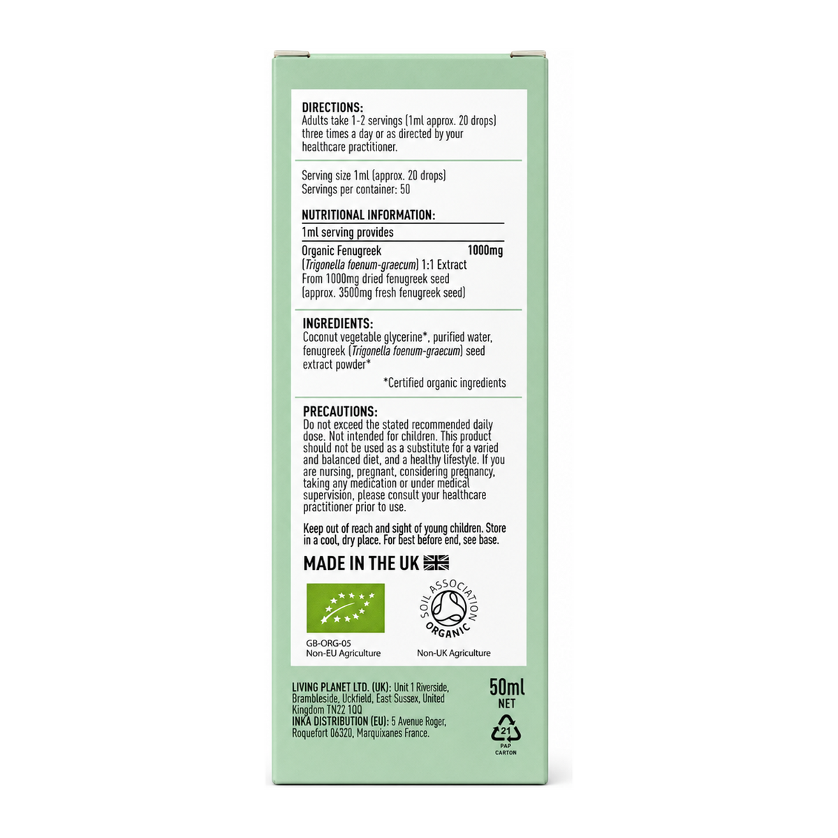 Botanicals For Life Organic Fenugreek Extract 50ml by Botanicals For Life Natural Remedies — back view showing ingredients and product details, studio product photo on white background