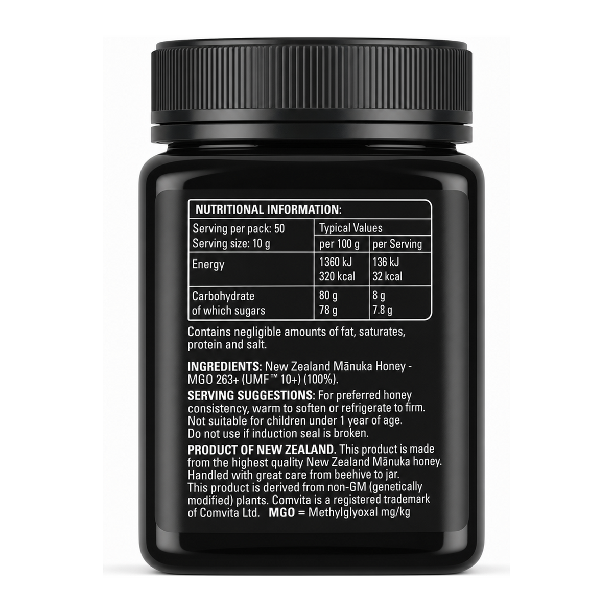 Comvita UMF 10+ Manuka Honey by Comvita Food & Drinks — back view showing ingredients and product details, studio product photo on white background